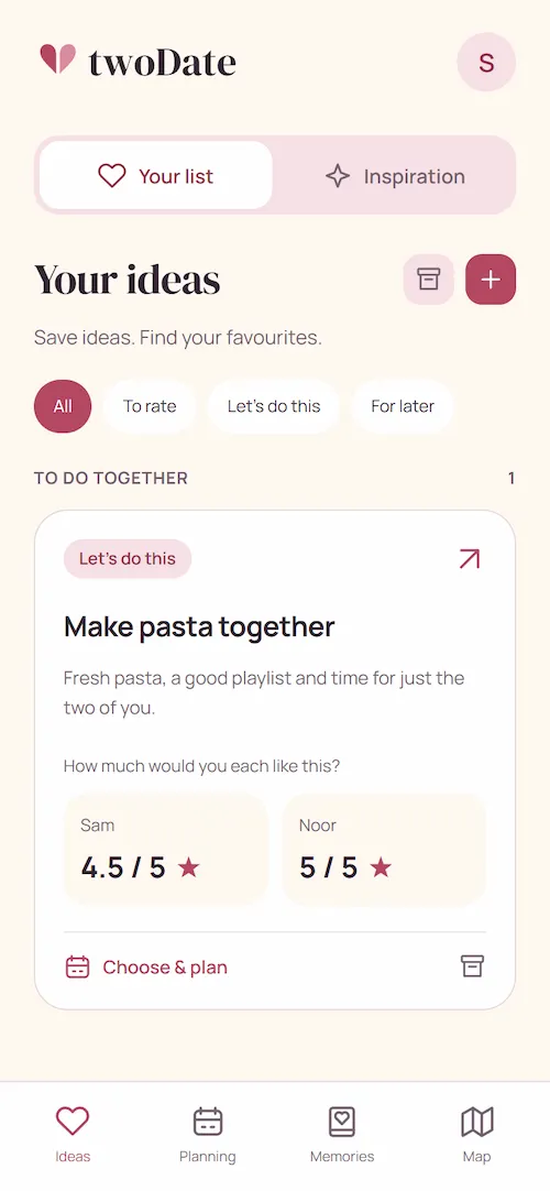 The date idea Make pasta together, rated 4.5 stars by Sam and 5 stars by Noor