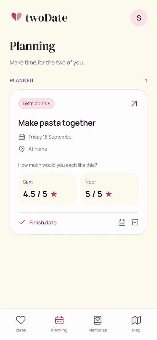 Making pasta together, scheduled in twoDate for Friday 18 September