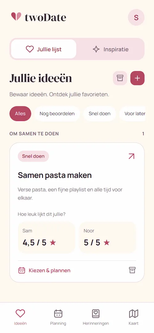 Het date-idee Samen pasta maken, beoordeeld met 4,5 sterren door Sam en 5 sterren door Noor