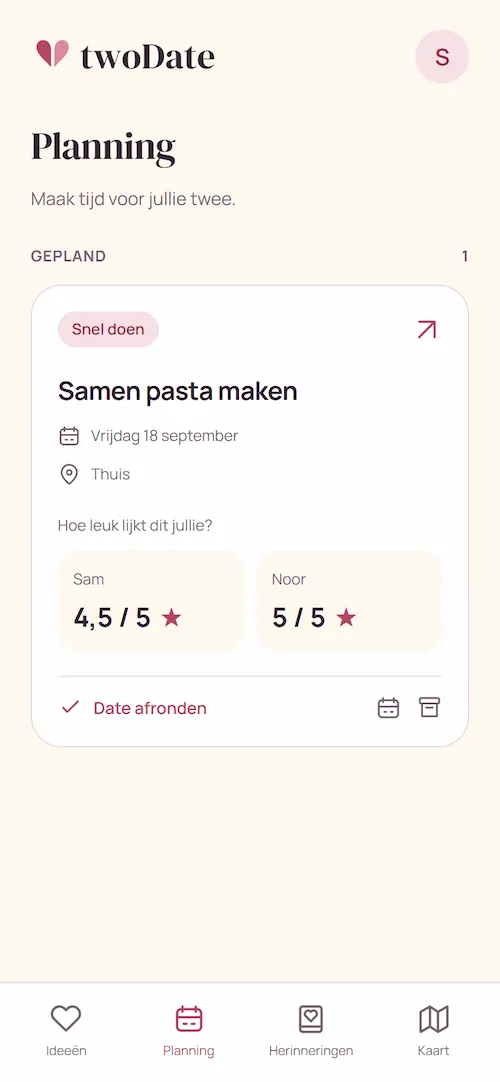 Samen pasta maken, ingepland in twoDate voor vrijdag 18 september
